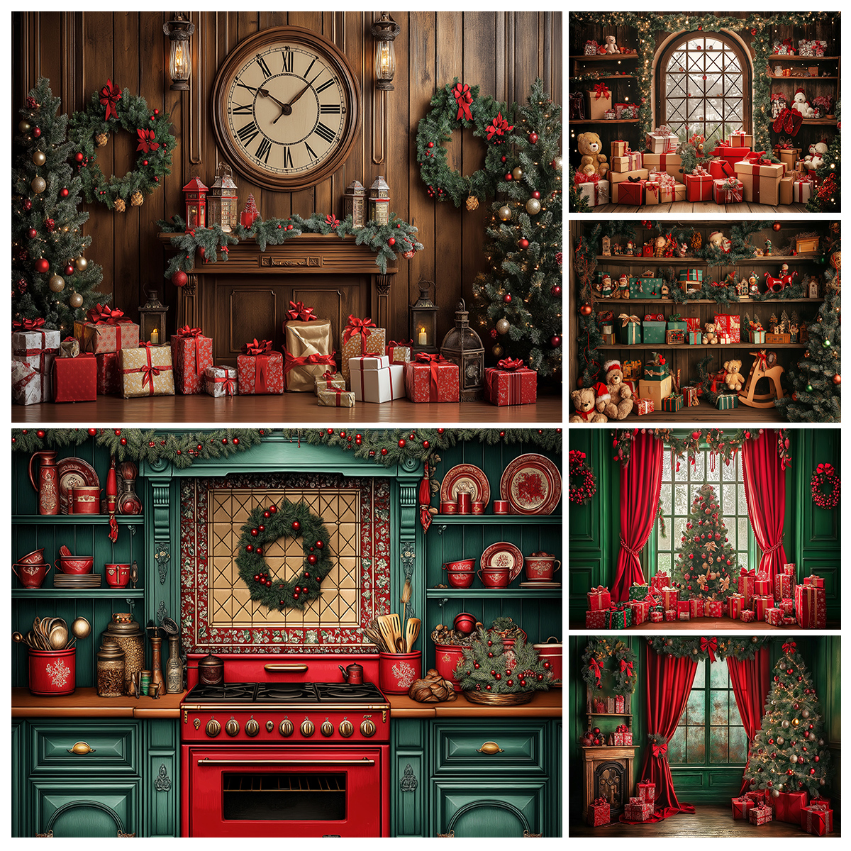 Toys Background For Kids - Christmas Clock Fireplace Kitchen Backdrops Windows